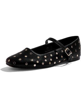 Black Studded Mary Jane Flat Shoes - Comfortable Ankle Strap Round Toe Flats